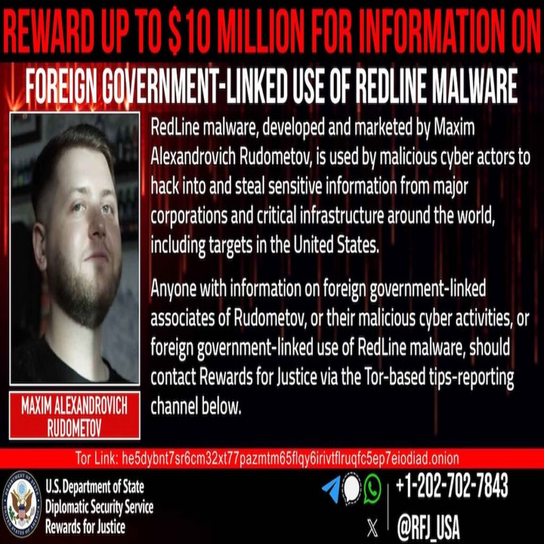 Estados Unidos ofrece recompensa de 10 millones de dólares por información sobre el desarrollador del malware RedLine.