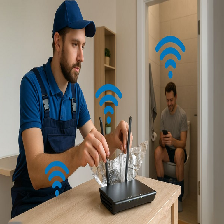 Método utilizado por técnicos para extender la cobertura WiFi al baño sin costo adicional.
