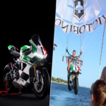 Un millonario ha capturado la escena más extravagante del verano: una motocicleta Ducati valuada en 75.000 euros suspendida en un parapente y remolcada por una embarcación.