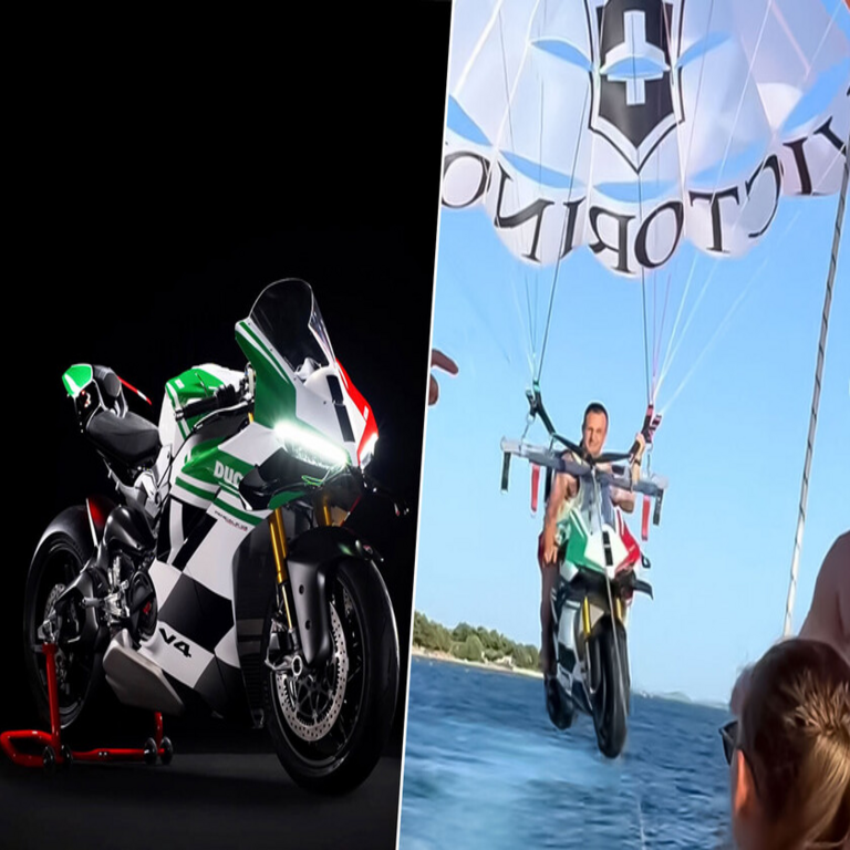 Un millonario ha capturado la escena más extravagante del verano: una motocicleta Ducati valuada en 75.000 euros suspendida en un parapente y remolcada por una embarcación.