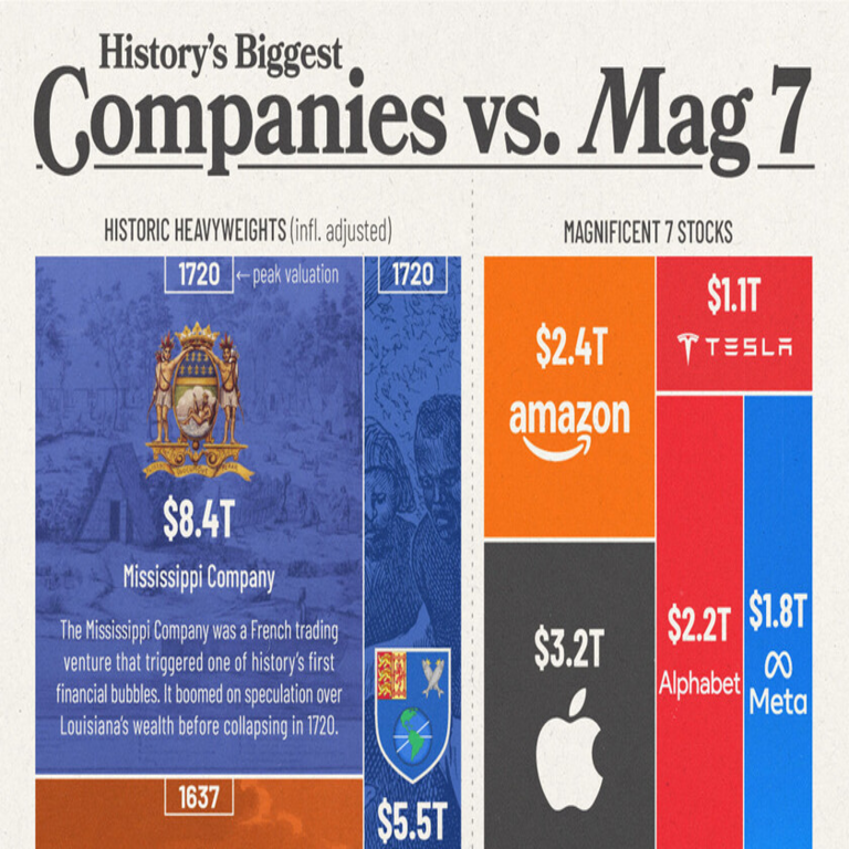 Las denominadas “7 Magníficas” consideran que controlan el mercado global: este análisis gráfico demuestra cómo las empresas del siglo XVIII ya superaban su valor en el doble.