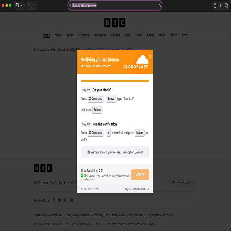 El ataque ClickFix utiliza una página falsa de BBC News y una verificación fraudulenta de Cloudflare para engañar a los usuarios.