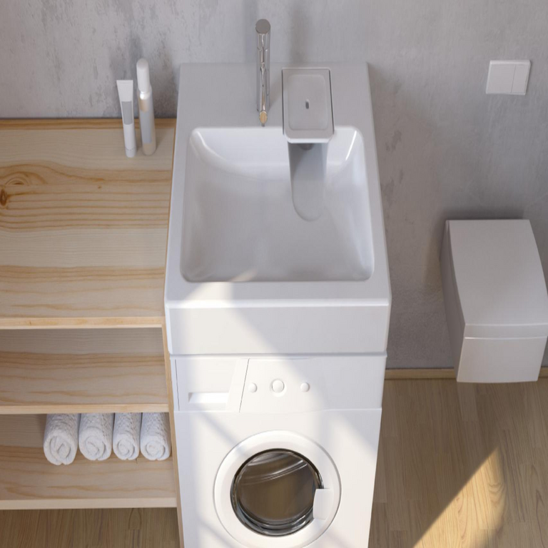 La solución para optimizar espacio en cuartos de baño: un lavabo de diseño compacto para instalación superior en lavadoras.