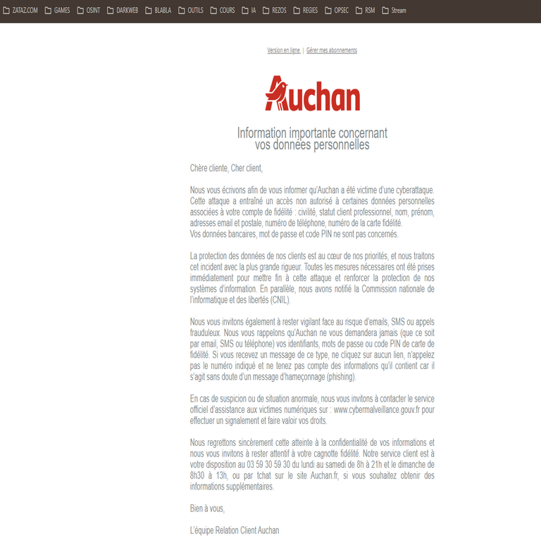 Auchan reporta una brecha de seguridad: datos de cientos de miles de clientes expuestos.