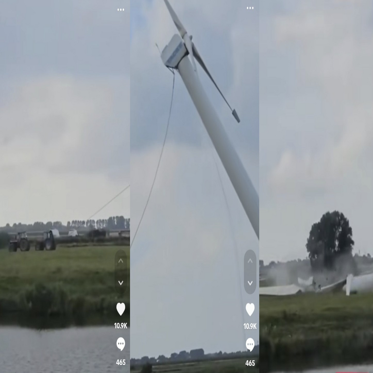 Un agricultor procede a la demolición de un aerogenerador instalado en su propiedad mediante tracción mecánica con tractor, argumentando motivos de impacto estético y ambiental.