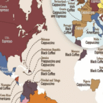 Este mapa presenta la variedad de café más popular por país, siendo el capuchino el indiscutible favorito a escala global.