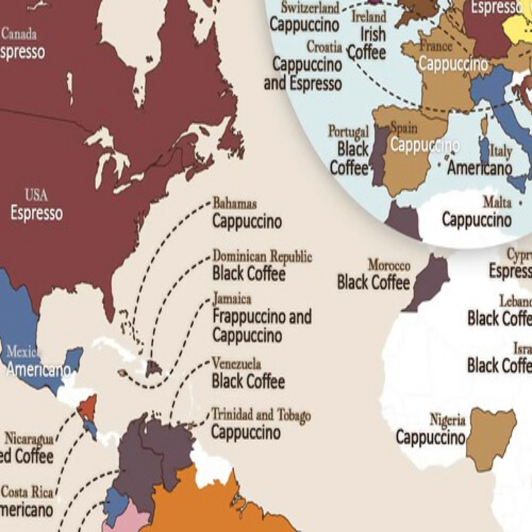 Este mapa presenta la variedad de café más popular por país, siendo el capuchino el indiscutible favorito a escala global.
