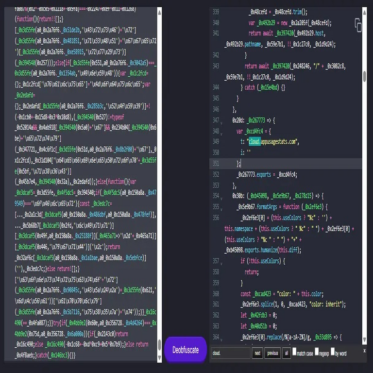 Advertencia sobre aplicación falsa de prueba de velocidad en línea con códigos JavaScript ofuscados.