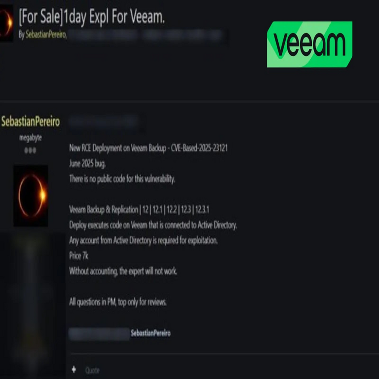 Explotación RCE de Veeam supuestamente listada a la venta en la dark web.