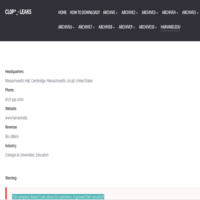 El grupo de ransomware Clop se atribuye el ciberataque contra la Universidad de Harvard.