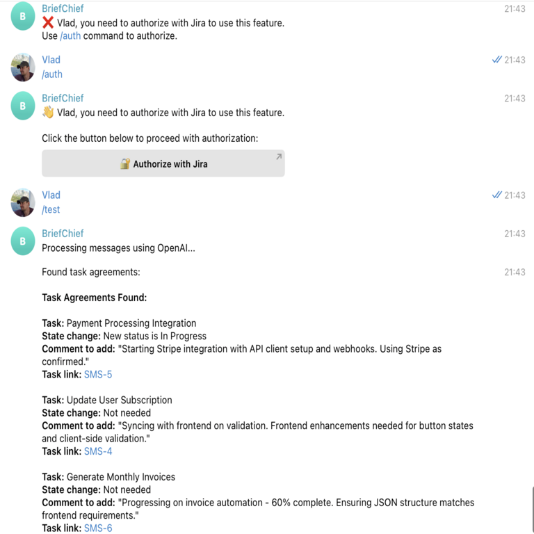 Relato sobre cómo ChatGPT integró el chat de Telegram del proyecto con las tareas en Jira
