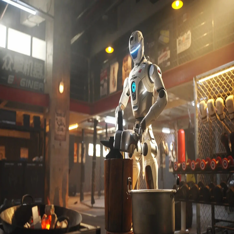 Un robot chino es acusado de ser una simulación por computadora (CGI) y responde de forma inesperada al propinar una patada al director ejecutivo. Un robot chino es acusado de ser una simulación por computadora (CGI) y responde de forma inesperada al propinar una patada al director ejecutivo.