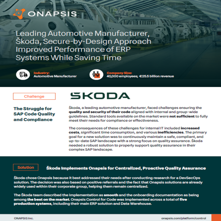 Fabricante líder de automóviles, Škoda, mejora el rendimiento de sus sistemas ERP mediante un enfoque de diseño seguro mientras ahorra tiempo. Fabricante líder de automóviles, Škoda, mejora el rendimiento de sus sistemas ERP mediante un enfoque de diseño seguro mientras ahorra tiempo.