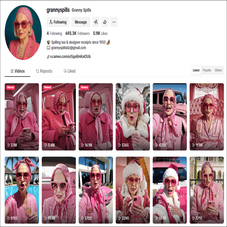 El modelo de ingresos de la IA glamorosa Granny Spills, que proporciona consejos tóxicos a mujeres en redes sociales.