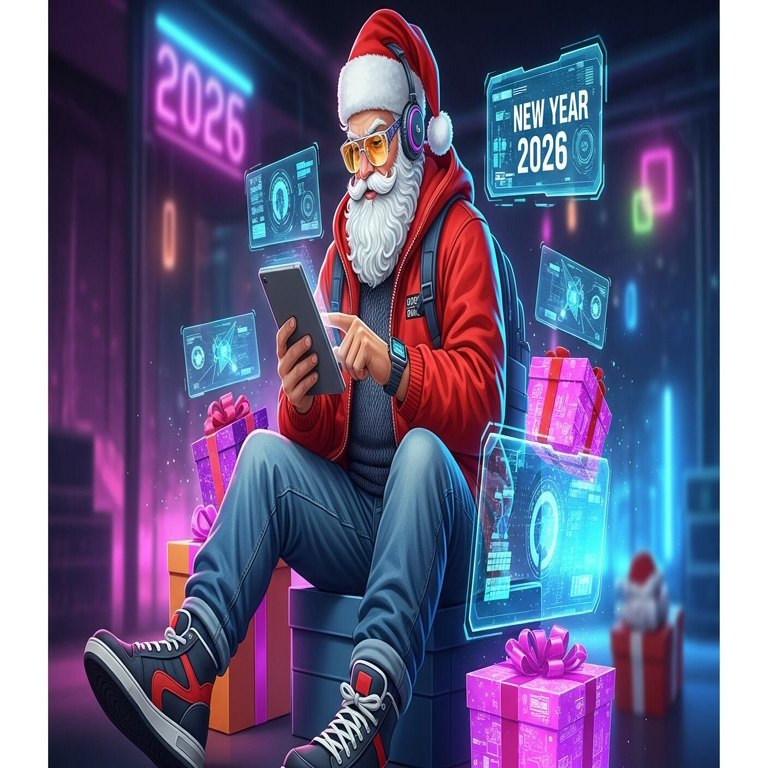 Representación visual de Papá Noel o Santa Claus en el año 2025 para dar la bienvenida al 2026.