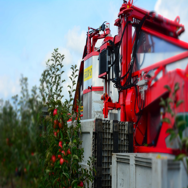 Así opera la máquina que ha sustituido a la mano de obra humana en la recolección de manzanas en Europa.