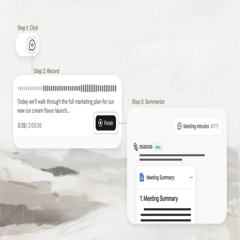 Manus presenta la funcionalidad de actas de reuniones para la generación de resúmenes de sesiones.