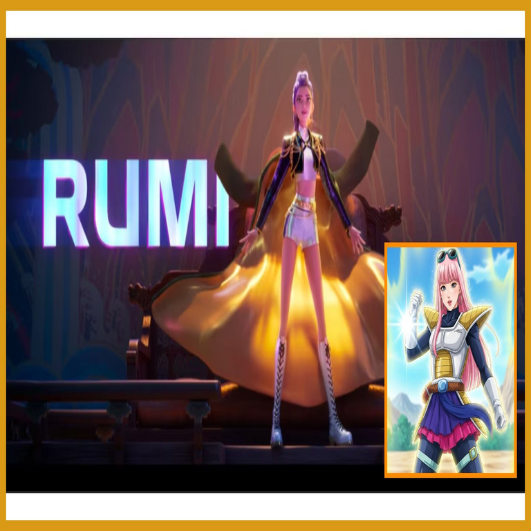 Representación de Rumi de Las Guerreras K-Pop como personaje integrado en el universo de Dragon Ball Z, generada mediante inteligencia artificial.