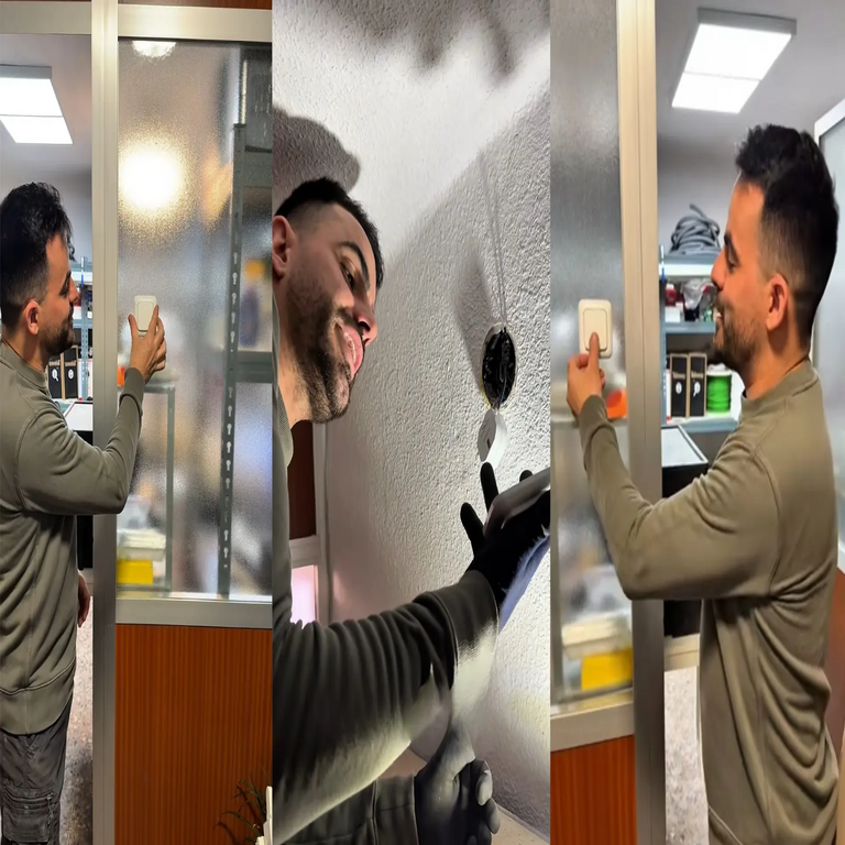 Domby, especialista en domótica: Instalación de un interruptor luminoso inalámbrico sin necesidad de cables ni canaletas, directamente sobre una superficie de cristal.