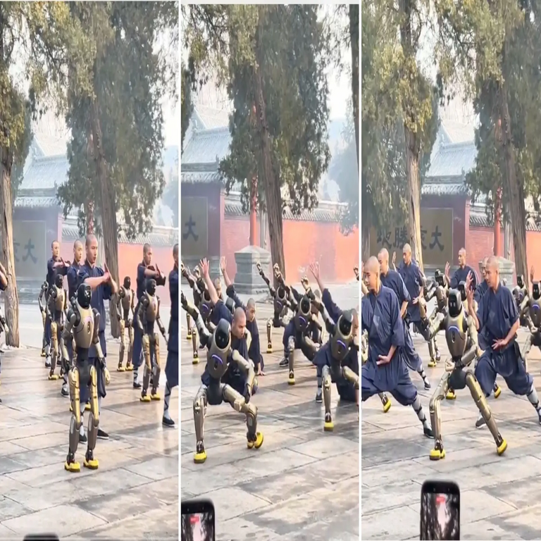 Robots humanoides de fabricación china ejecutan secuencias de kung fu en colaboración con monjes del templo Shaolin.