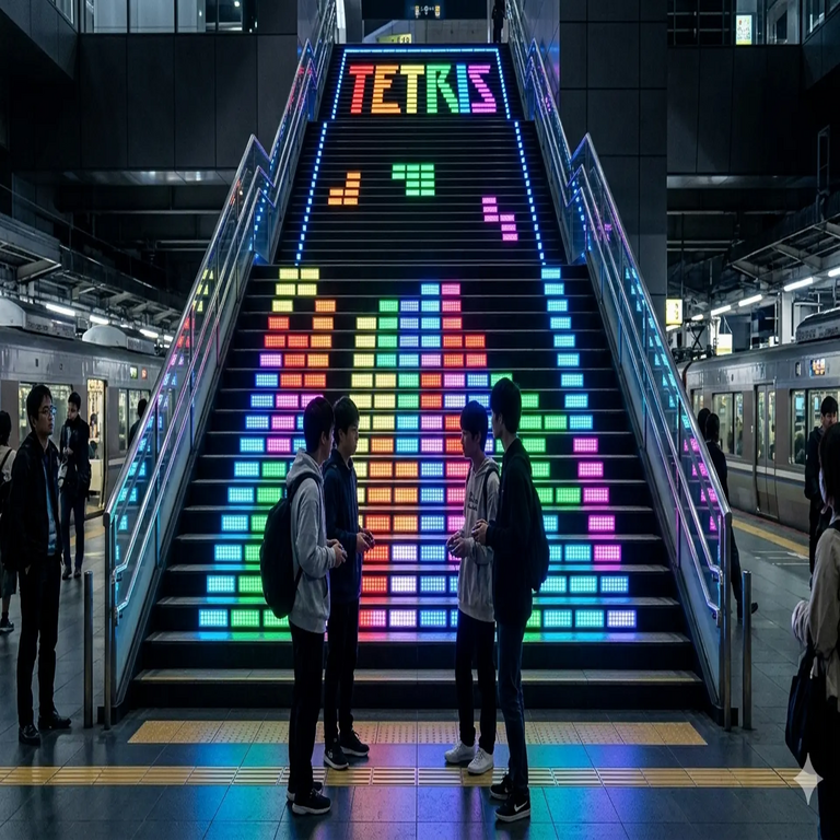En Japón, es posible interactuar con el juego Tetris mediante una escalera de gran escala, aunque esta opción solo se habilita a partir de la medianoche.