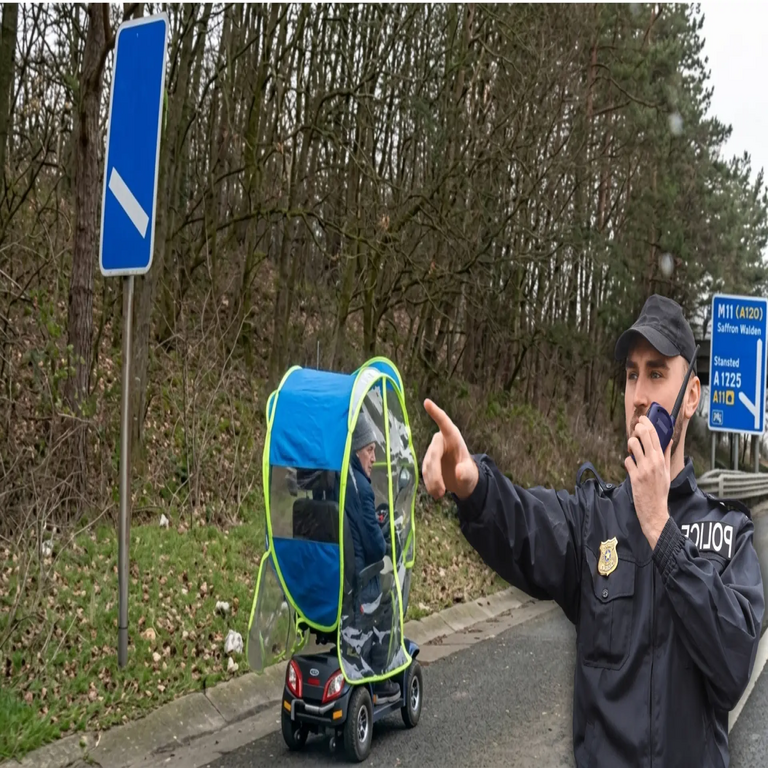 Hombre jubilado de 70 años arrestado por autoridades policiales al operar un scooter para movilidad reducida en una autopista. Hombre jubilado de 70 años arrestado por autoridades policiales al operar un scooter para movilidad reducida en una autopista.