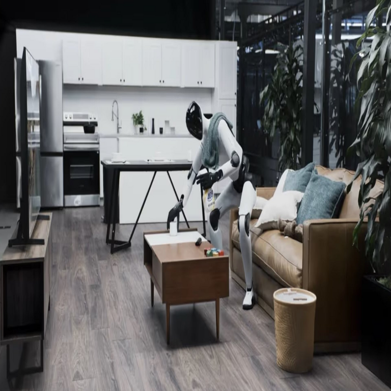 Figure 03: El robot humanoide con apariencia realista que realiza tareas de limpieza y organización en el espacio habitable de forma autónoma.