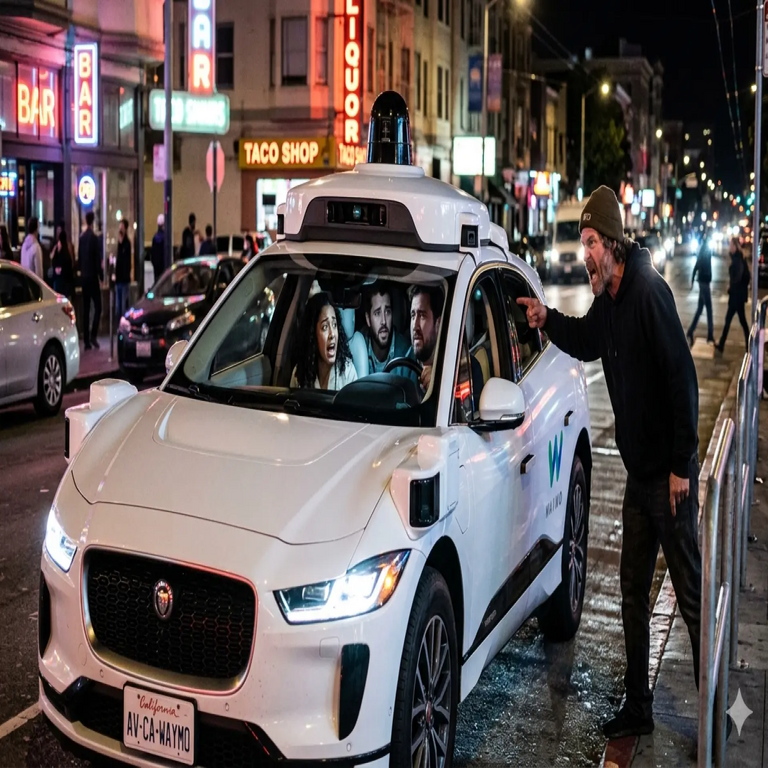 Un vehículo autónomo de Waymo retiene a sus ocupantes en el interior al percibir un peligro en el entorno exterior. Un vehículo autónomo de Waymo retiene a sus ocupantes en el interior al percibir un peligro en el entorno exterior.